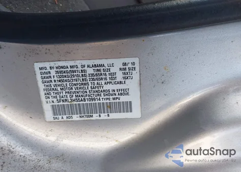 2010 Honda Odyssey Ex z USA, uszkodzony, nr VIN 5FNRL3H55AB109914